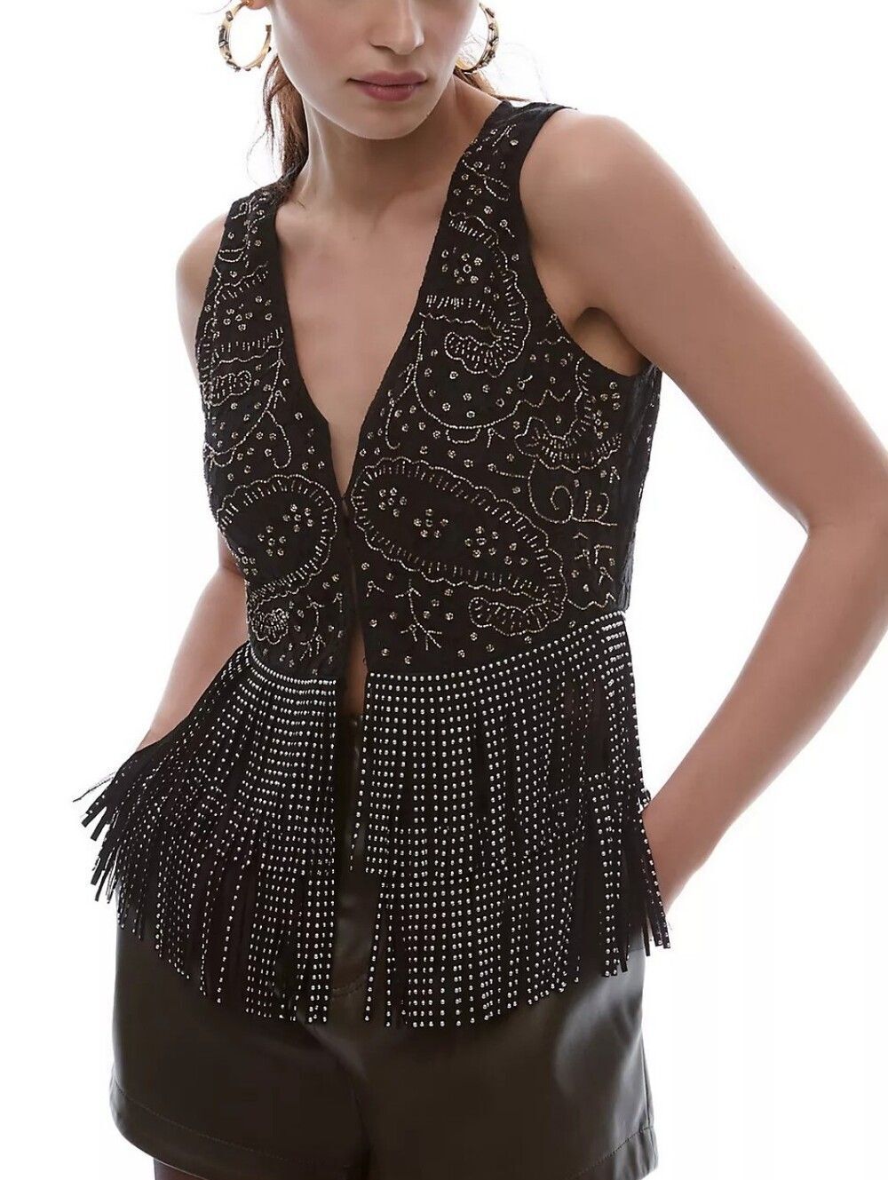 Anthropologie Verb Pallavi Singhee Womens Black Gold Beaded V-Neck Tank NWT M